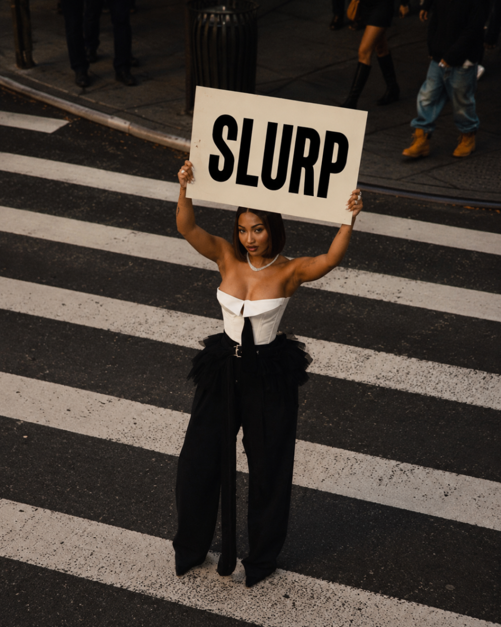 Model holding SLURP sign in crosswalk